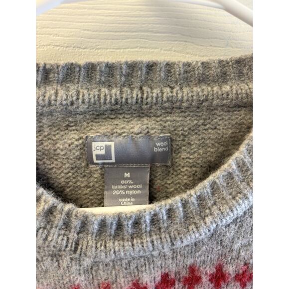 Lambswool Gray Sweater With Red Design JCPenney Size Medium - Picture 2 of 6